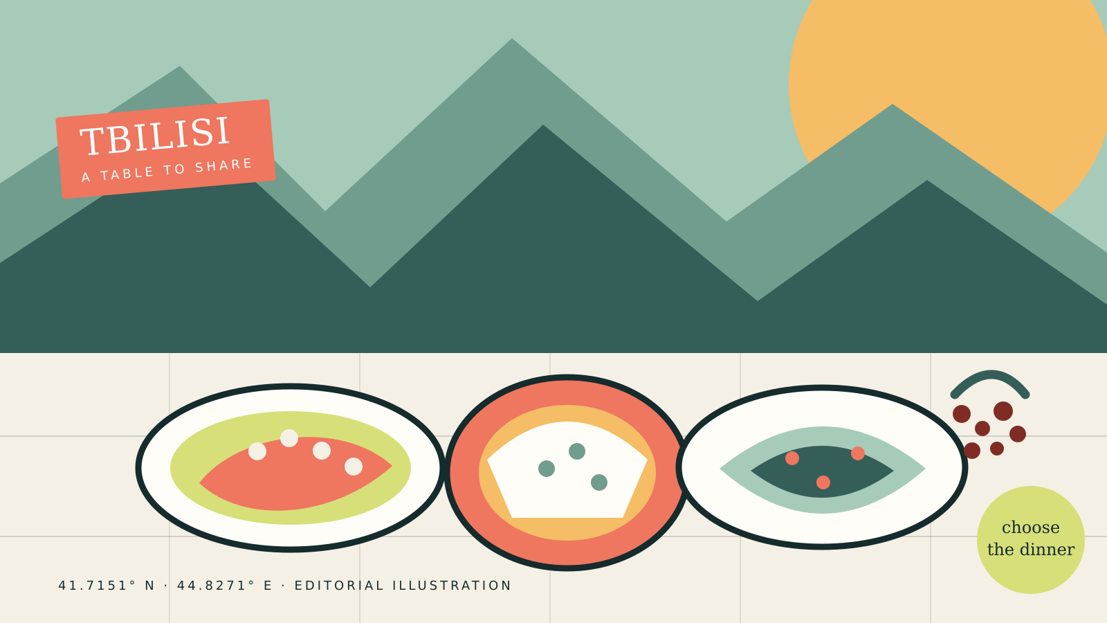 Editorial illustration of a Georgian shared table in Tbilisi