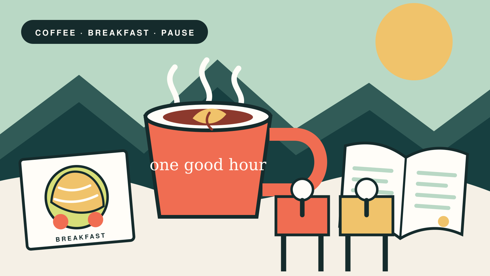Editorial illustration of coffee, breakfast, books and conversation against Tbilisi hills