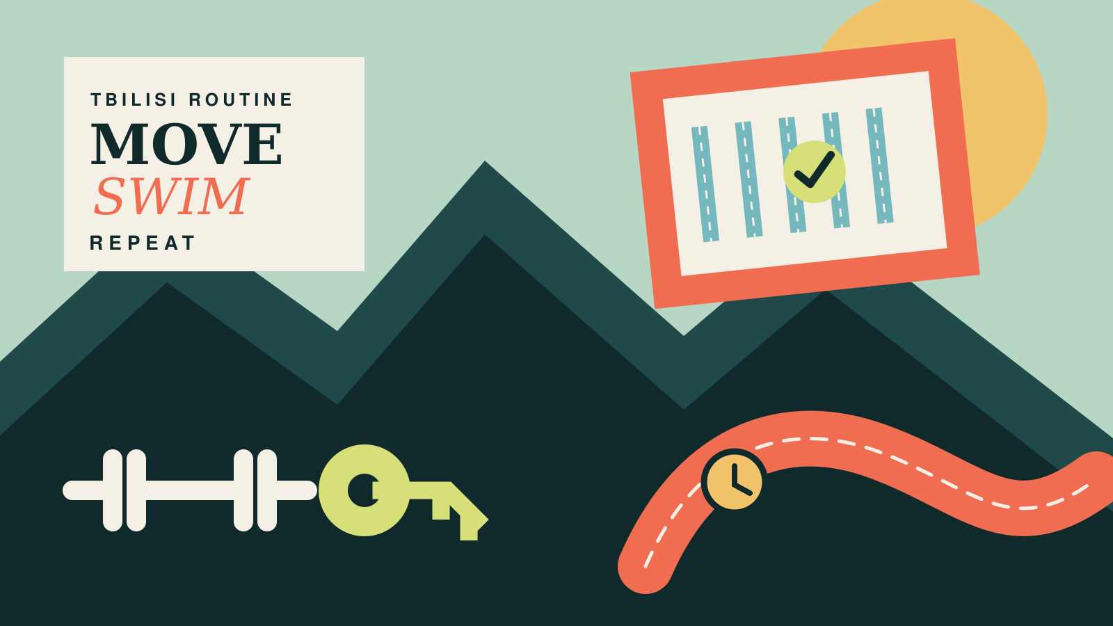 Editorial illustration combining Tbilisi hills, a swimming pool, running track, dumbbell and gym locker key