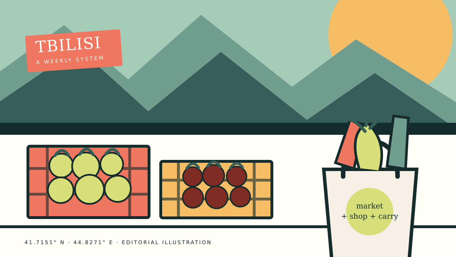 Editorial illustration of produce crates and a grocery bag against the Tbilisi skyline