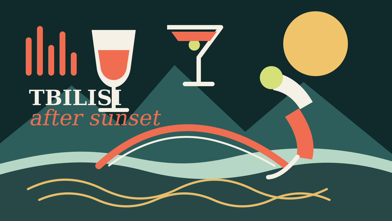 Editorial illustration of Tbilisi after sunset with wine, cocktails, jazz, a bridge and electronic sound waves