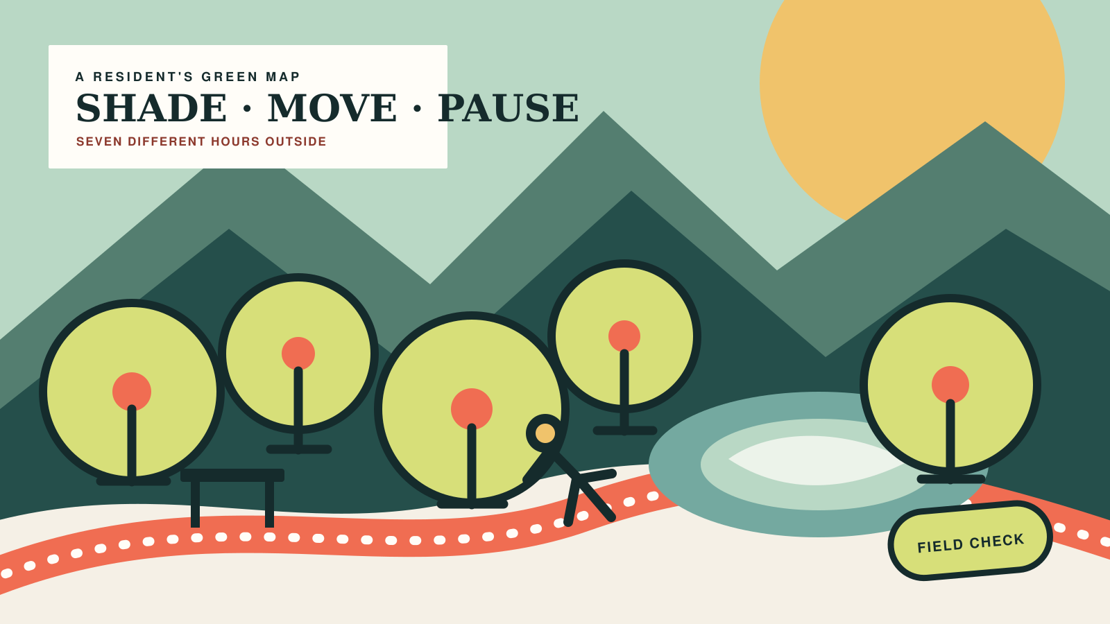 Editorial illustration of green park rooms, a lake, Tbilisi hills, a bench and a running path