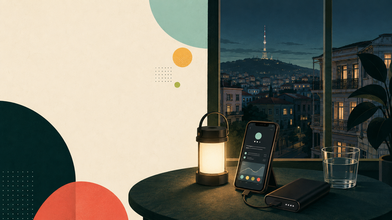 Editorial illustration of a Tbilisi apartment at night with a battery lantern, phone, power bank and city view