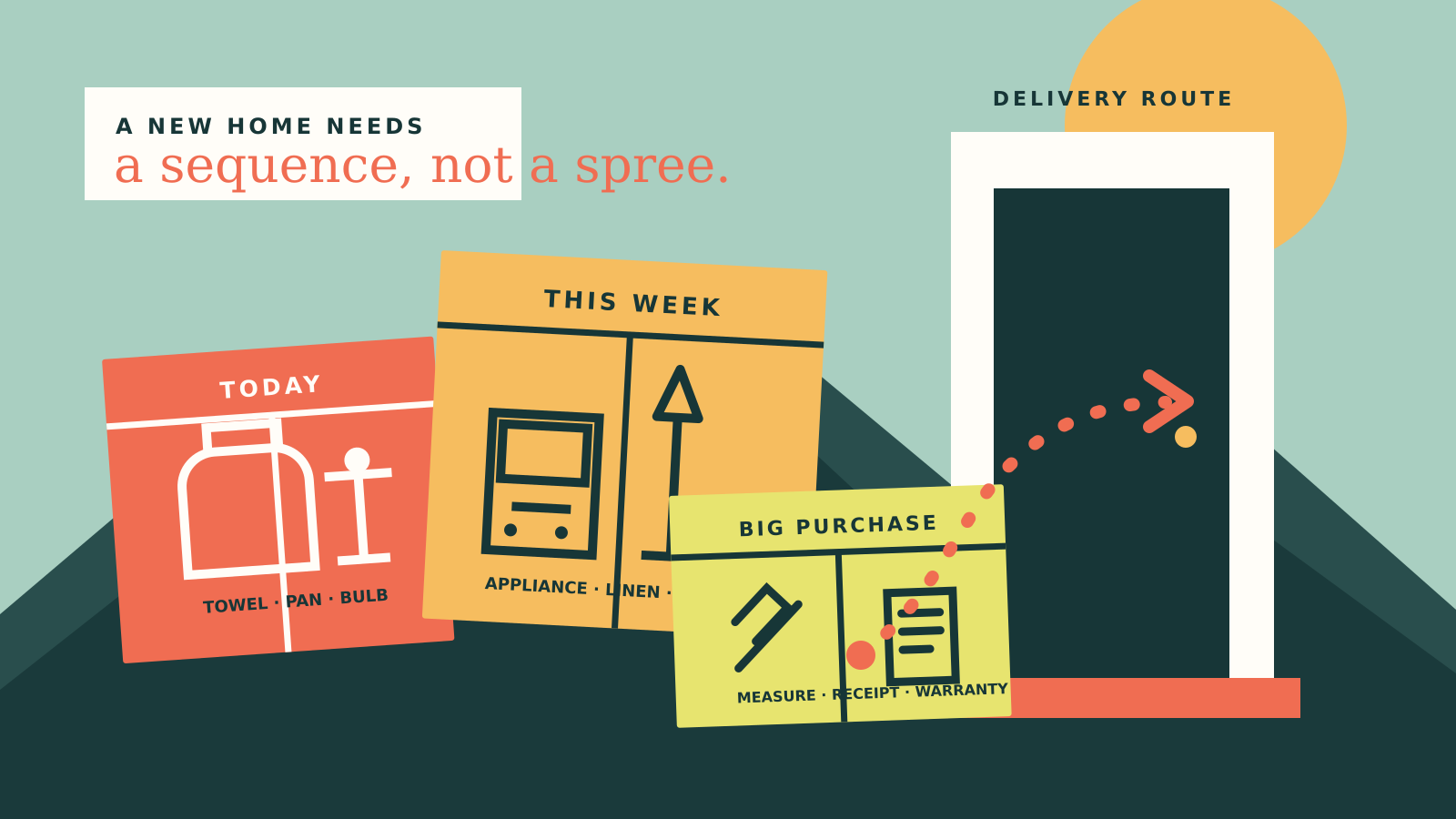Editorial illustration of labelled boxes, a lamp, kettle, tools and a delivery doorway for setting up a Tbilisi home
